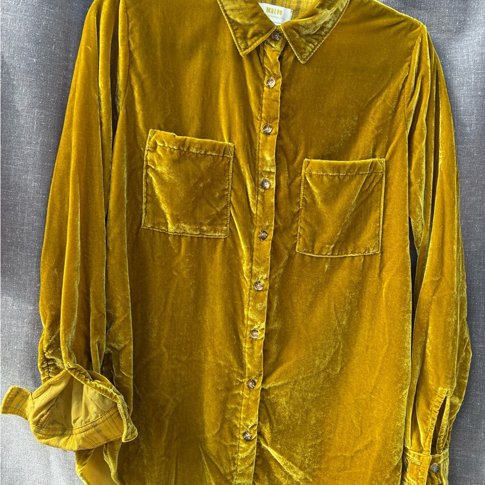 Anthropologie Velvet Button-Up Shirt in Golden Yellow